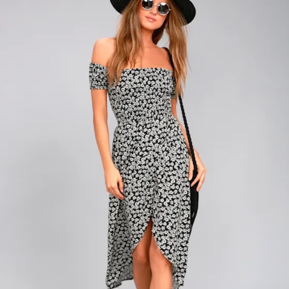 Lucy Love Tranquility Floral Off-Shoulder Black High-low Maxi Dress, Size M